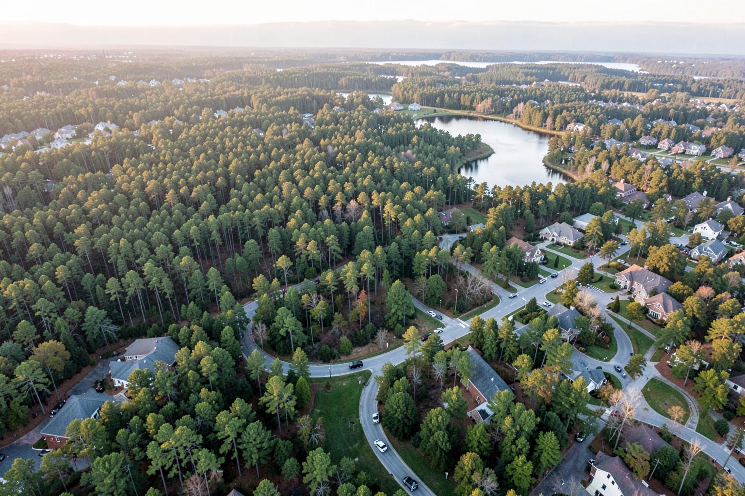Aerial view of wooded neighborhoods and lakes near The Woodlands, Texas