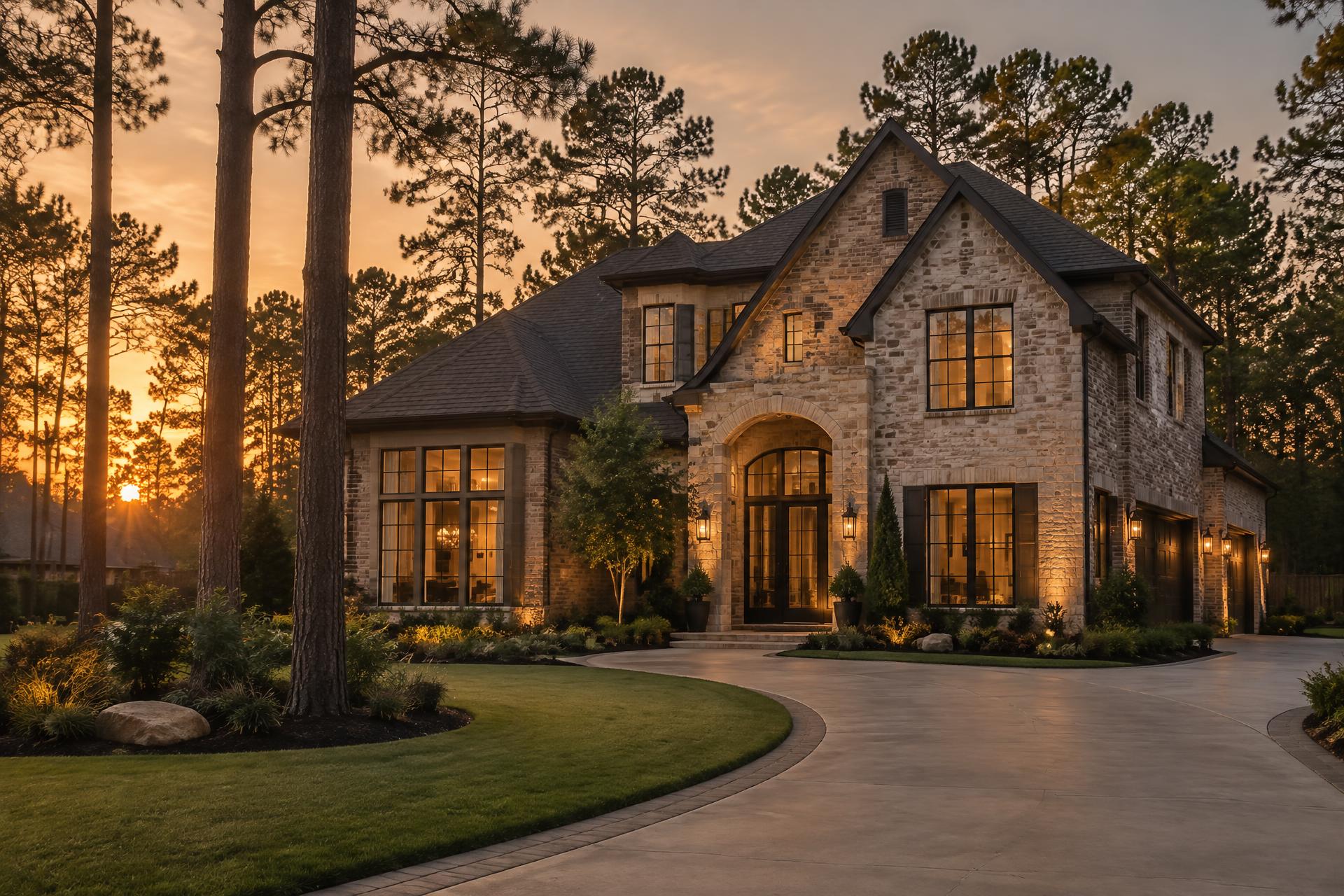 Evening exterior of a stone-and-brick home framed by tall pines in the Houston area