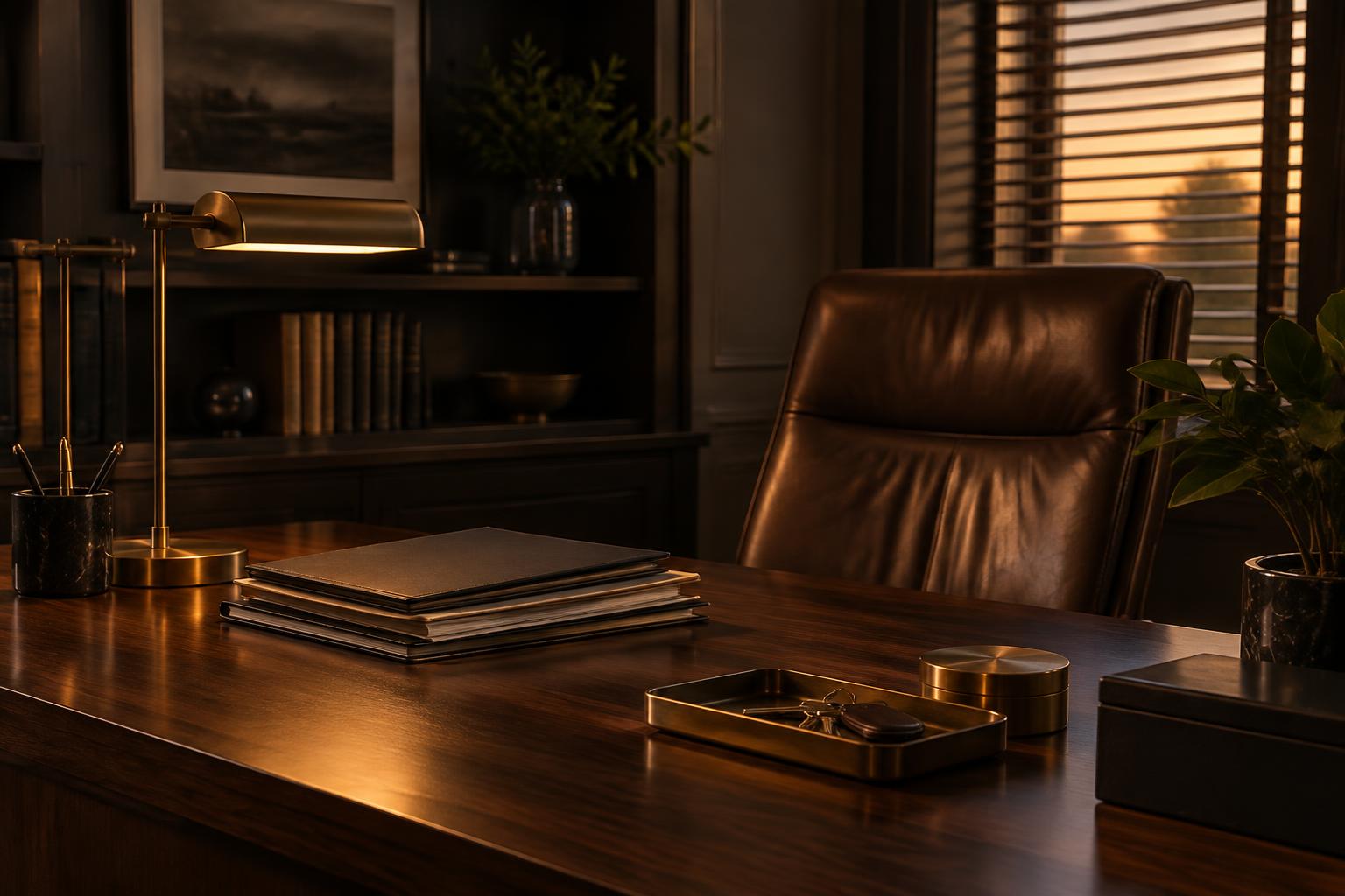 A quiet walnut desk lit by a brass lamp in a private office